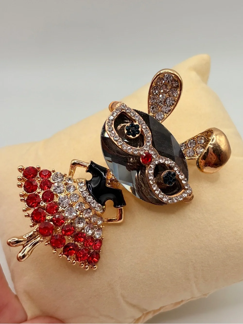 Crystal Bunny Brooch with Red and Clear Stones